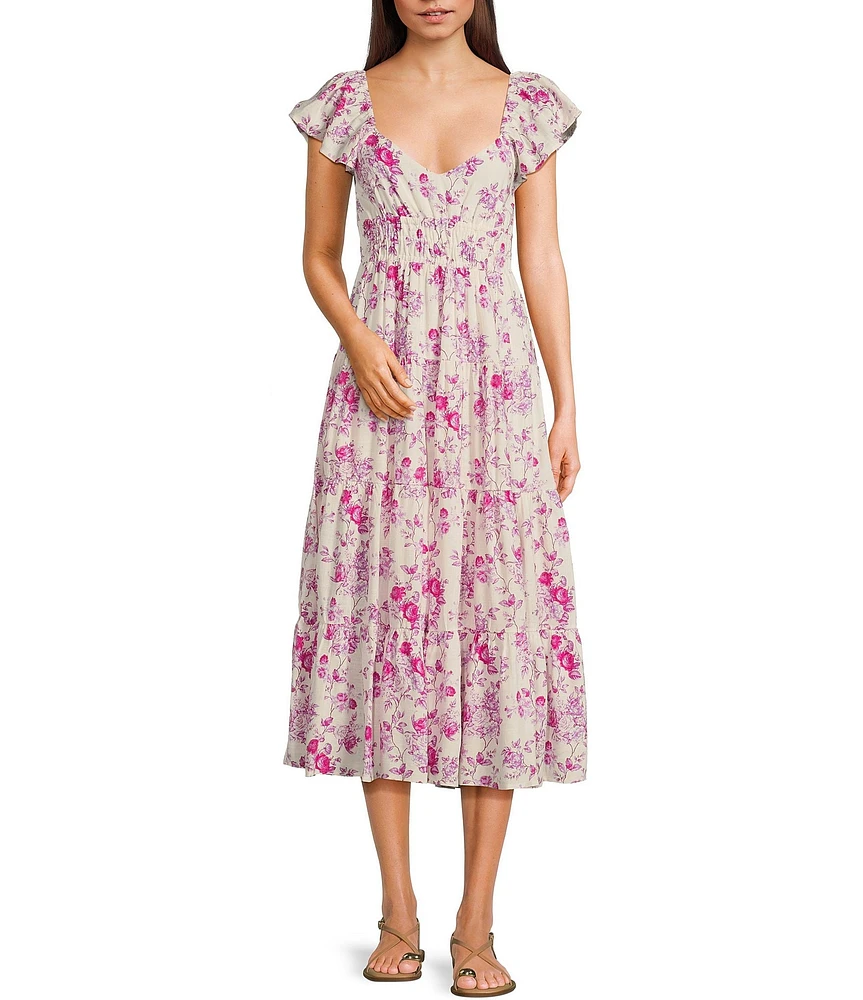 TCEC Flutter Sleeve Floral Printed Back Cutout Linen Blend Midi Dress