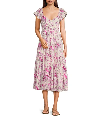 TCEC Flutter Sleeve Floral Printed Back Cutout Linen Blend Midi Dress