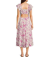 TCEC Flutter Sleeve Floral Printed Back Cutout Linen Blend Midi Dress