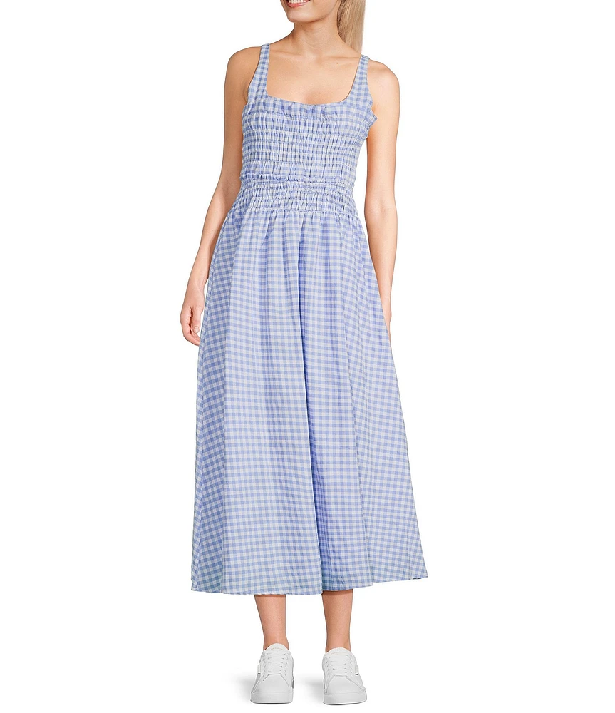 TCEC Gingham Square Neck Smocked Bodice Midi Dress