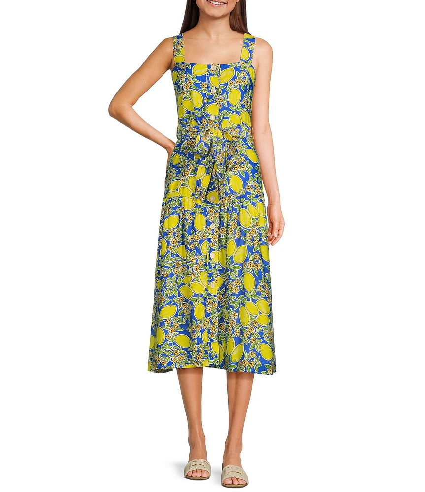 TCEC Sleeveless Lemon Print Square Neck Button Front Belted Midi Dress