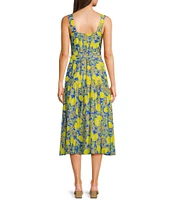 TCEC Sleeveless Lemon Print Square Neck Button Front Belted Midi Dress