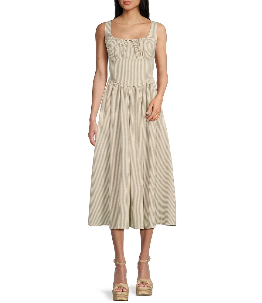 TCEC Stripe Print Square Neck Sleeveless Corset Midi Dress
