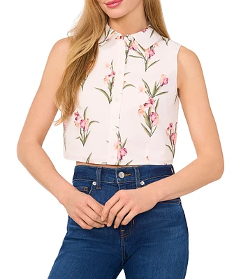 Ted Baker London Cotton Poplin Floral Print Point Collar Sleeveless Cropped Button Front Top