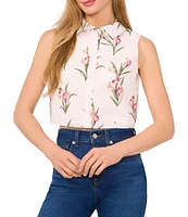 Ted Baker London Cotton Poplin Floral Print Point Collar Sleeveless Cropped Button Front Top