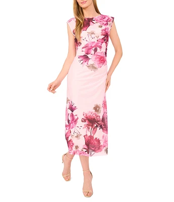 Ted Baker London Mesh Floral Print Round Neck Cap Sleeve Midi Dress