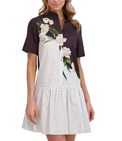 Ted Baker London Poplin Floral Polka Dot Print Collar Short Sleeve Drop Waist Dress