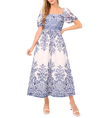 Ted Baker London Printed Eyelet Square Neck Short Puff Sleeve Dress