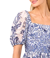 Ted Baker London Printed Eyelet Square Neck Short Puff Sleeve Dress