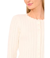 Ted Baker London Ribbed Pointelle Scallop Round Neck Long Sleeve Cardigan