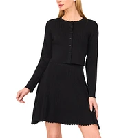 Ted Baker London Ribbed Pointelle Scallop Round Neck Long Sleeve Cardigan