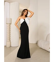 Terani Couture 3D Bow Bodice Strapless Crepe Sheath Gown