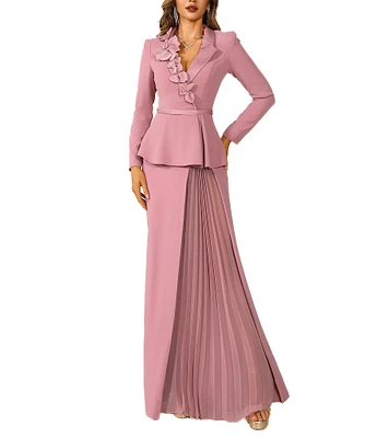 Terani Couture 3D Floral Applique Long Sleeve Peplum Mixed Media Gown