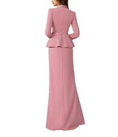 Terani Couture 3D Floral Applique Long Sleeve Peplum Mixed Media Gown