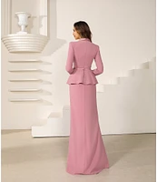Terani Couture 3D Floral Applique Long Sleeve Peplum Mixed Media Gown