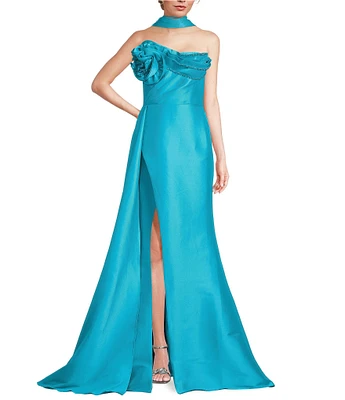 Terani Couture 3D Floral Strapless Stretch Mikado Drape Front Sheath Gown