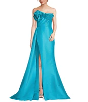 Terani Couture 3D Floral Strapless Stretch Mikado Drape Front Sheath Gown