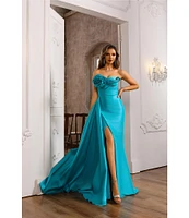 Terani Couture 3D Floral Strapless Stretch Mikado Drape Front Sheath Gown