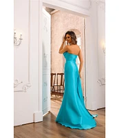 Terani Couture 3D Floral Strapless Stretch Mikado Drape Front Sheath Gown