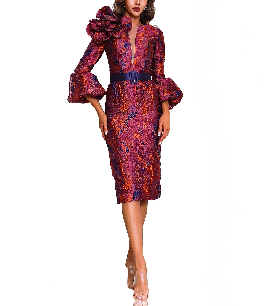 Terani Couture 3D Ruffle Bell Sleeve Belted Jacquard Sheath Midi Dress