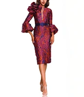 Terani Couture 3D Ruffle Bell Sleeve Belted Jacquard Sheath Midi Dress