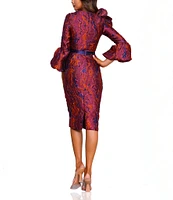 Terani Couture 3D Ruffle Bell Sleeve Belted Jacquard Sheath Midi Dress