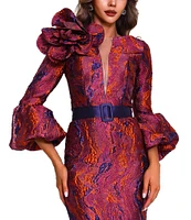 Terani Couture 3D Ruffle Bell Sleeve Belted Jacquard Sheath Midi Dress