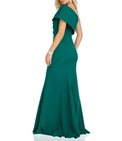 Terani Couture Asymmetrical Neck Short Sleeve Ruched Beaded Mermaid Gown