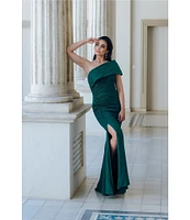 Terani Couture Asymmetrical Neck Short Sleeve Ruched Beaded Mermaid Gown