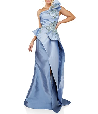 Terani Couture Asymmetrical Neck Two Tone Mikado Peplum Mermaid Gown