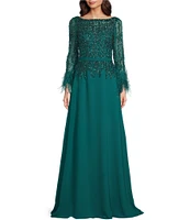 Terani Couture Cascade Beaded Boat Neck Feather Cuff Sleeve Belted A-Line Gown