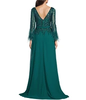 Terani Couture Cascade Beaded Boat Neck Feather Cuff Sleeve Belted A-Line Gown