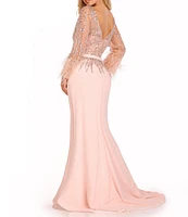 Terani Couture Cascade Beaded Boat Neck Feather Cuff Sleeve Belted A-Line Gown