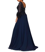 Terani Couture Cascade Beaded Boat Neck Feather Cuff Sleeve Belted A-Line Gown