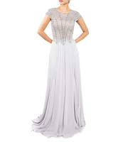 Terani Couture Beaded Chiffon Round Neck Cap Sleeves Lace Bodice A-Line Gown