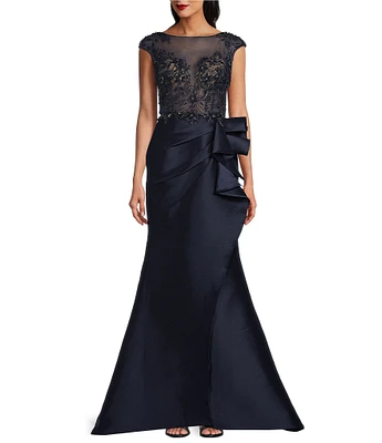 Terani Couture Beaded Illusion Boat Neck Cap Sleeve Ruffle Gown