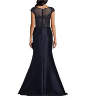 Terani Couture Beaded Illusion Boat Neck Cap Sleeve Ruffle Gown