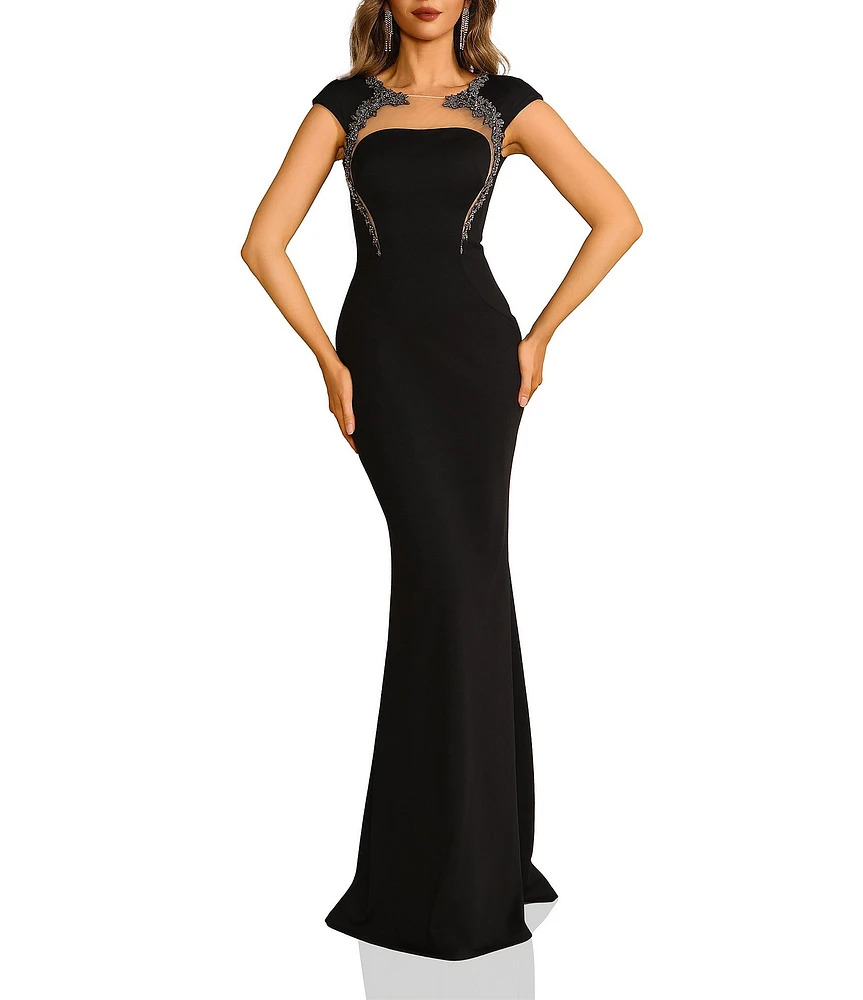 Terani Couture Beaded Illusion Neck Knit Jersey Sheath Gown