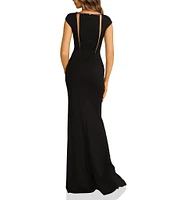 Terani Couture Beaded Illusion Neck Knit Jersey Sheath Gown