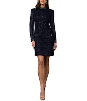 Terani Couture Beaded Mock Neck Long Illusion Sleeve Tweed Sheath Dress