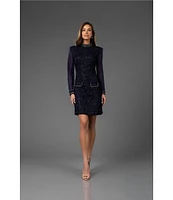 Terani Couture Beaded Mock Neck Long Illusion Sleeve Tweed Sheath Dress