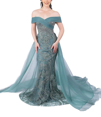 Terani Couture Beaded Off-the-Shoulder Chiffon Overlay Mermaid Gown