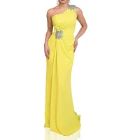 Terani Couture Beaded One Shoulder Sleeveless Beaded Waist Gown