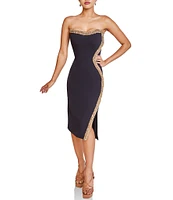 Terani Couture Beaded Trim Strapless Crepe Sheath Midi Dress