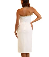 Terani Couture Beaded Trim Strapless Crepe Sheath Midi Dress