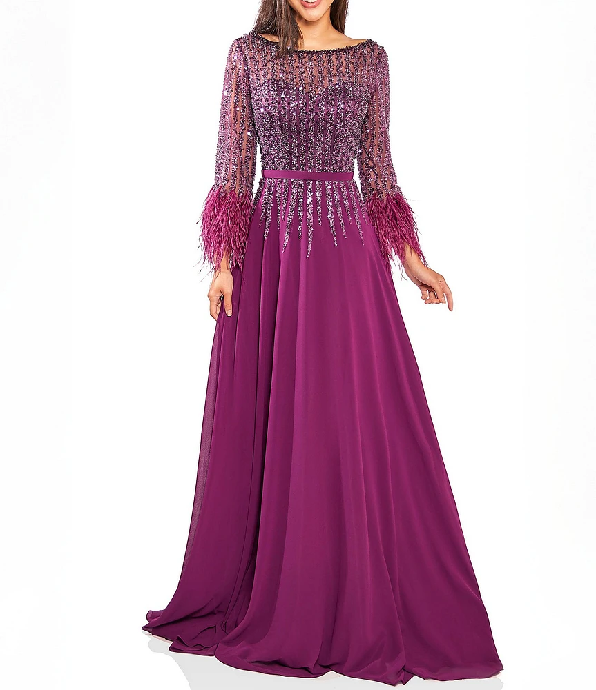 Terani Couture Chiffon Beaded Sequin Boat Neck Long Sleeve Feather Trim Gown