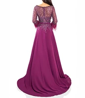 Terani Couture Chiffon Beaded Sequin Boat Neck Long Sleeve Feather Trim Gown