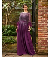 Terani Couture Chiffon Beaded Sequin Boat Neck Long Sleeve Feather Trim Gown