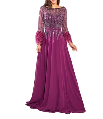 Terani Couture Chiffon Beaded Sequin Boat Neck Long Sleeve Feather Trim Gown