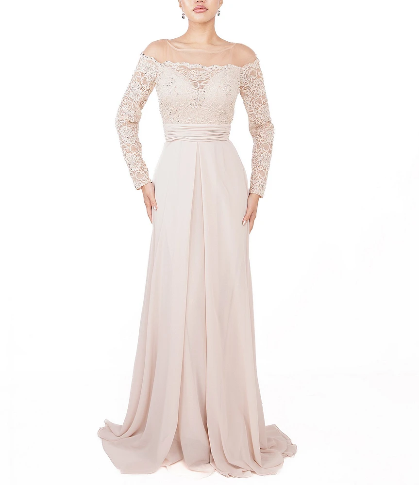 Terani Couture Chiffon Off-The-Shoulder Long Sleeve Lace Bodice Ball Gown